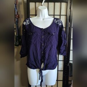 Women's Navy Button-Up Top with Lace Detail